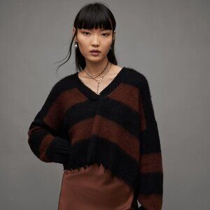 All Saints Lou Striped Cropped V-Neck Jumper Sweater